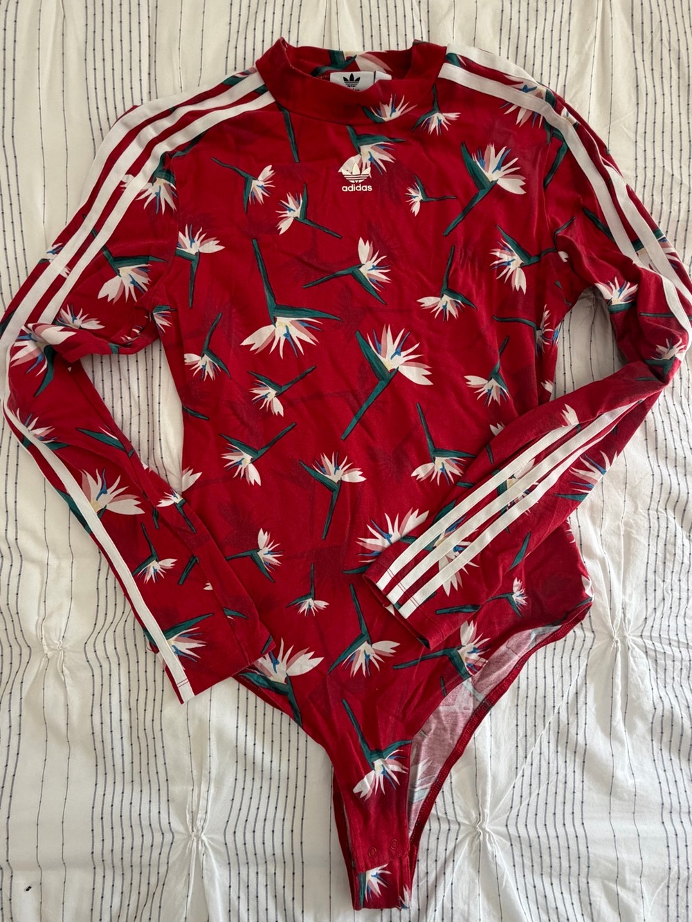 adidas Red Floral Long-Sleeve Bodysuit with White Stripes